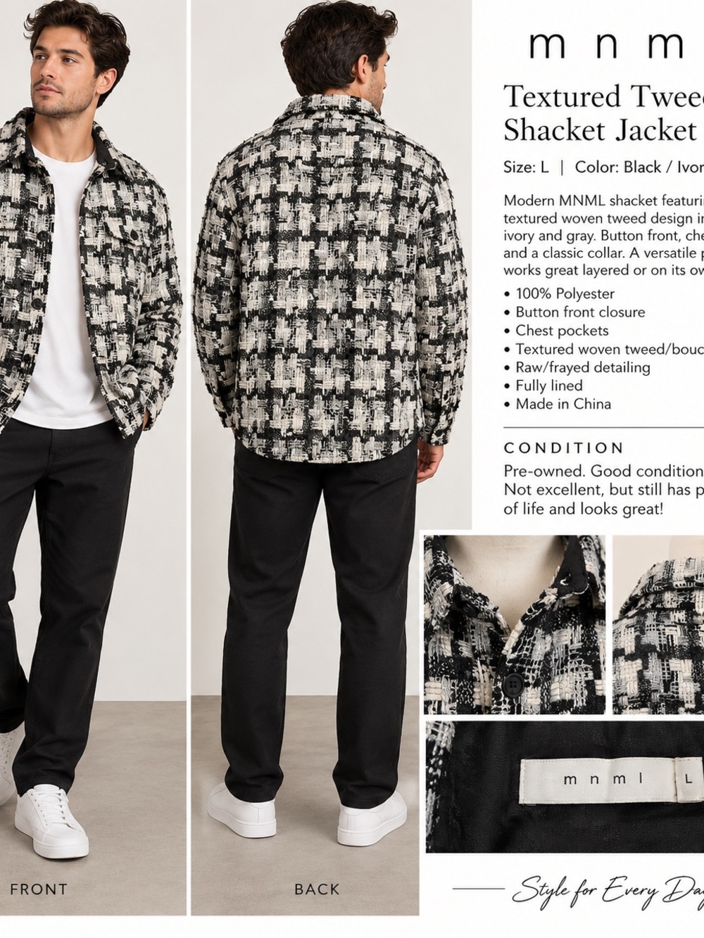 MNML Men’s Black White Textured Tweed Shacket Jacket Size L